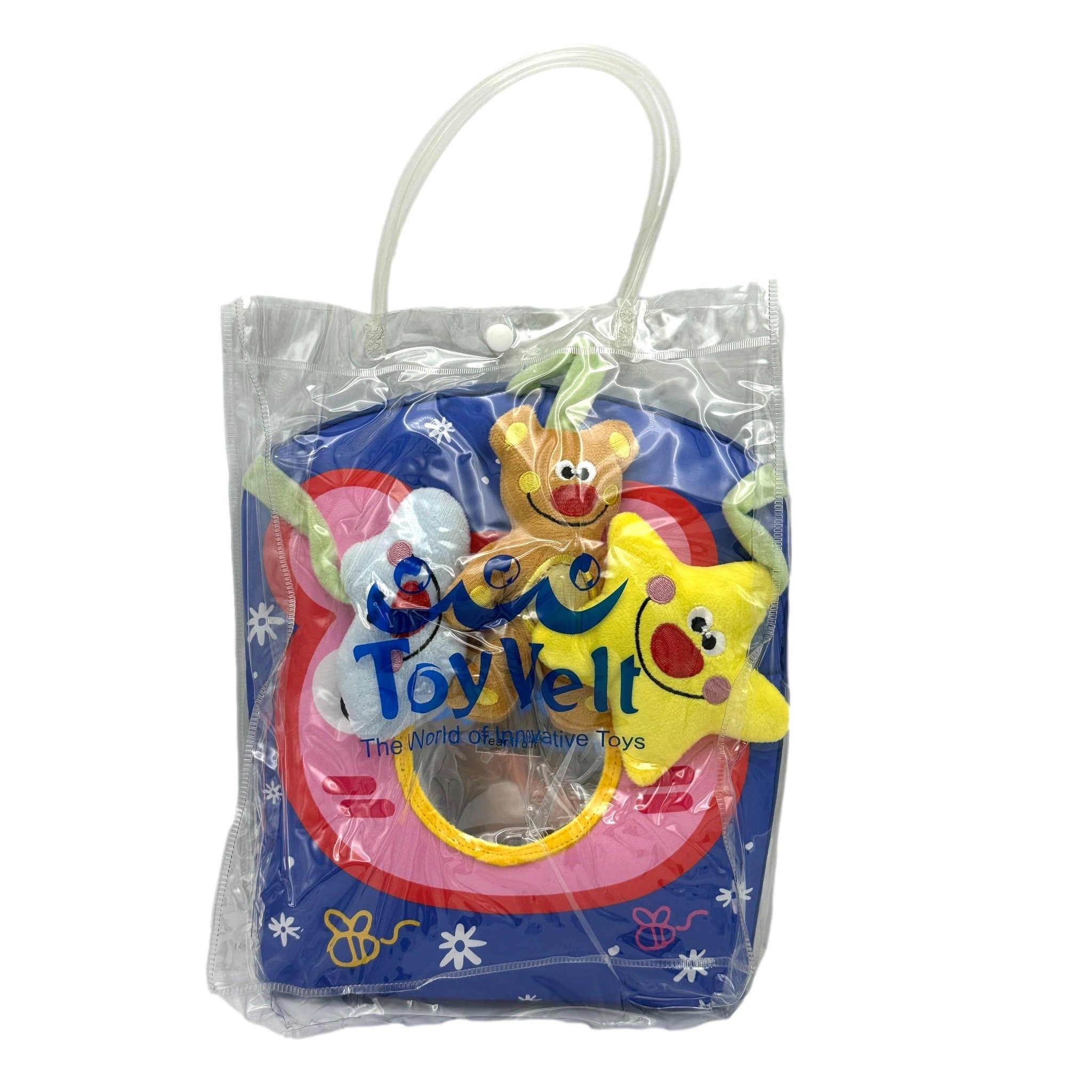 A clear plastic bag filled with a blue, pink, and yellow baby toy with stuffed animals.